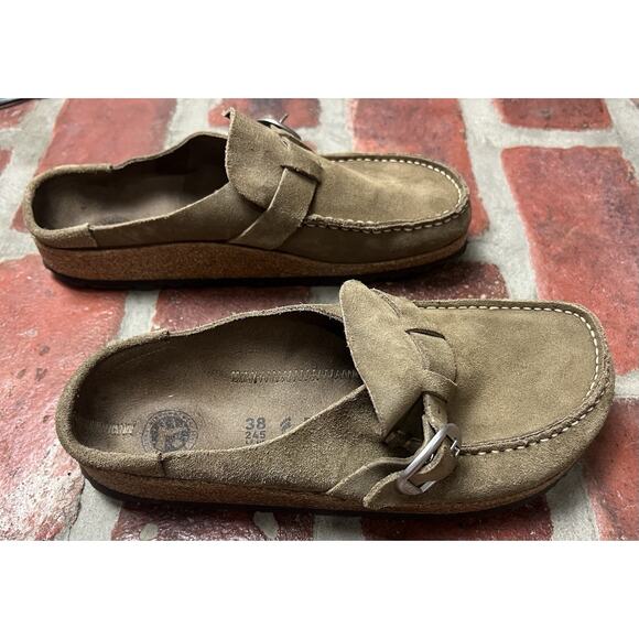 Birkenstock Buckley Suede Tan Clogs Moccasin Buckle Size 38 Narrow - Picture 3 of 14